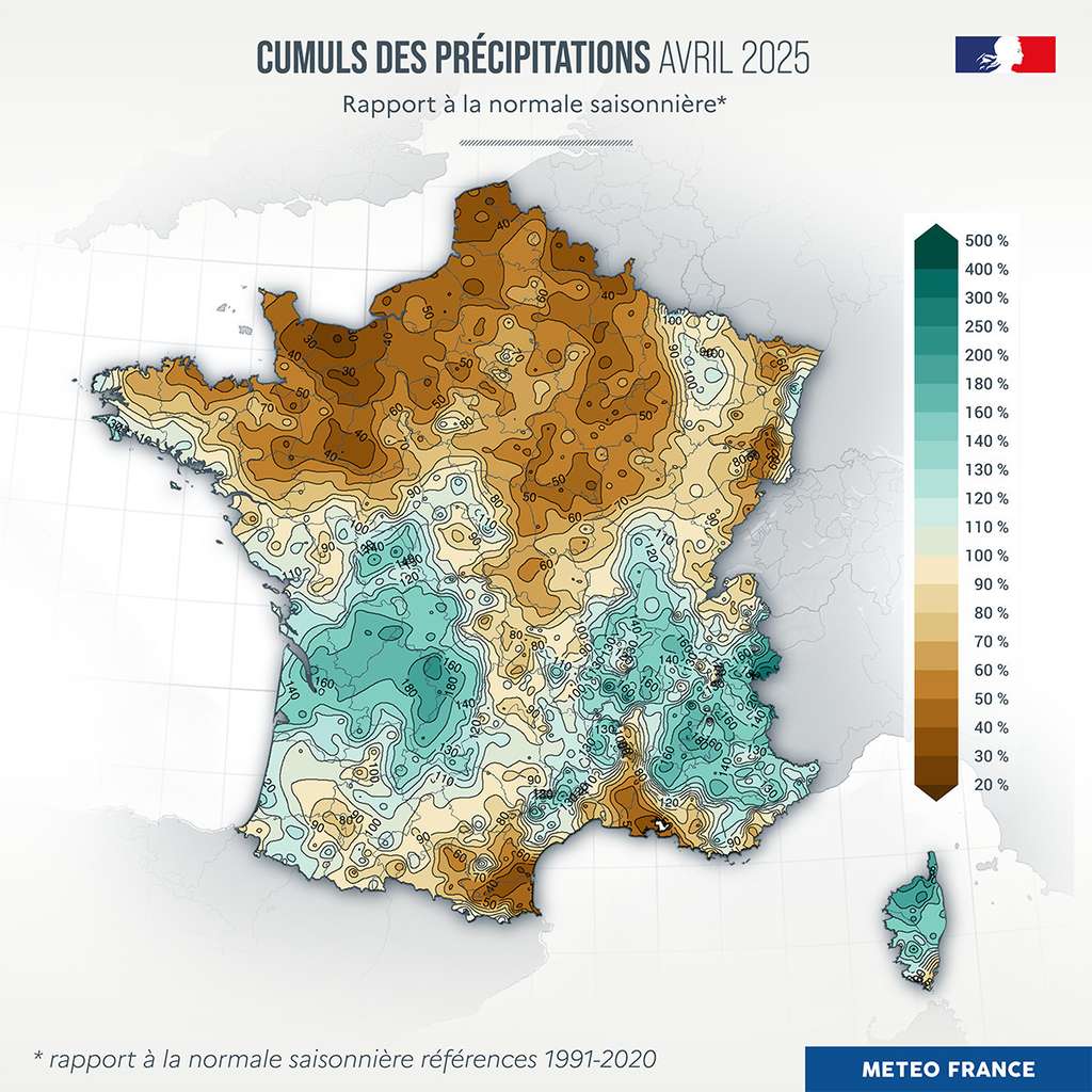 Le mois d'avril a été beaucoup plus sec et ensoleillé au nord qu'au sud. © Météo France