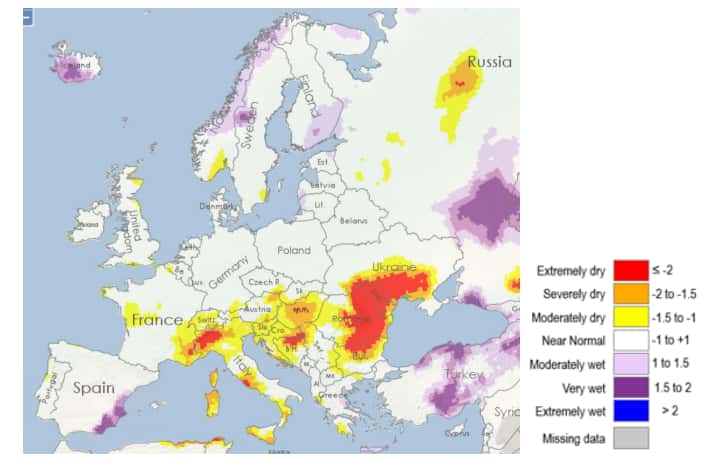 En orange et rouge, les zones en déficit de pluie depuis le début de l'année. © Copernicus