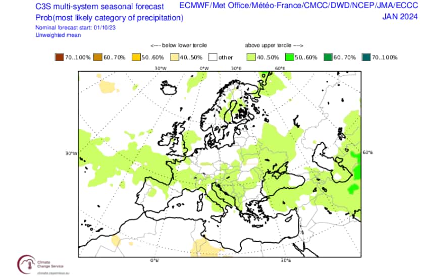 En vert, les zones où des précipitations au-dessus des normales sont prévues en janvier. © Copernicus