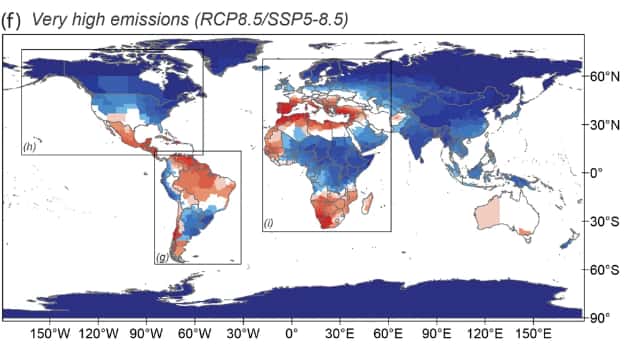 Le changement de distribution des précipitations dans un scénario de réchauffement très pessimiste, avec une hausse des émissions de gaz à effet de serre. © <em>Nature Communications</em>