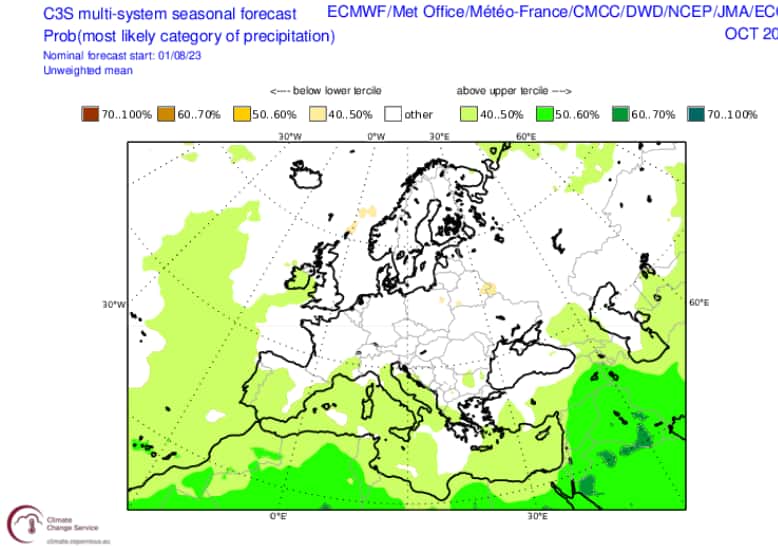 La probabilité d'avoir des précipitations supérieures aux moyennes en France en octobre : plus les couleurs sont foncées, plus le risque est important. © Copernicus