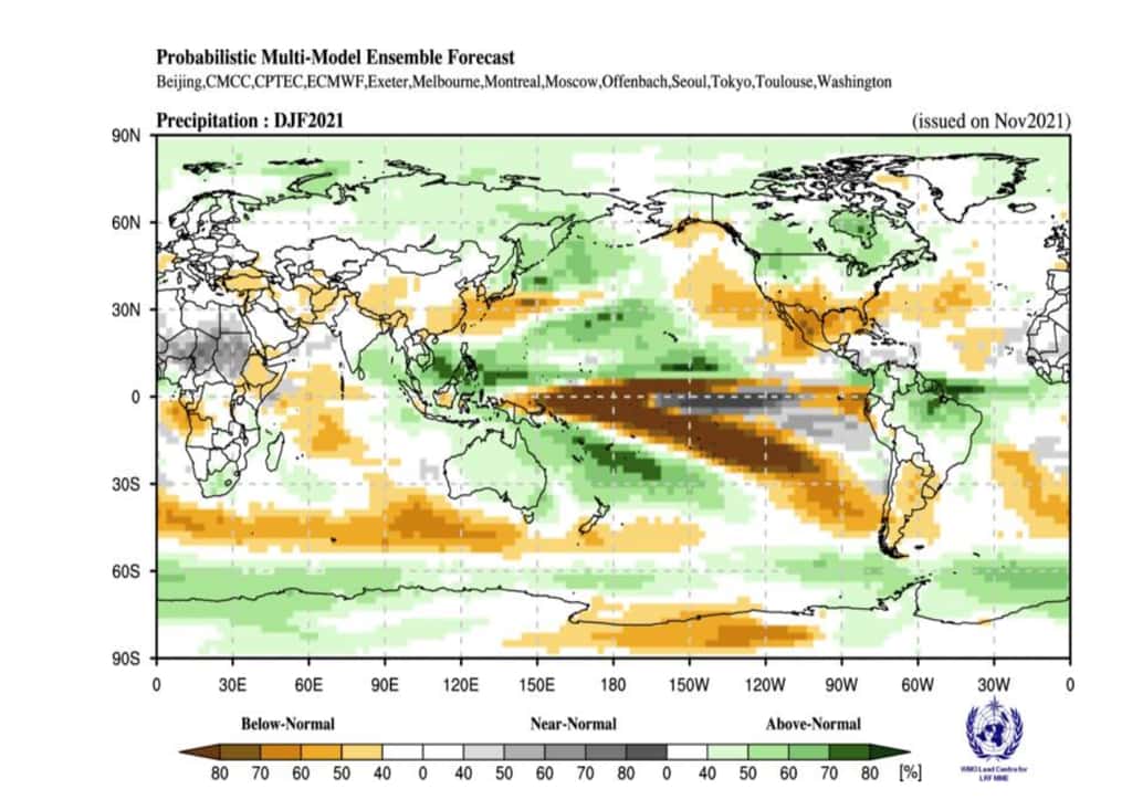Prévision des précipitations pour l'hiver prochain : en orange les zones plus sèches que la normale, en vert les zones plus humides que la normale