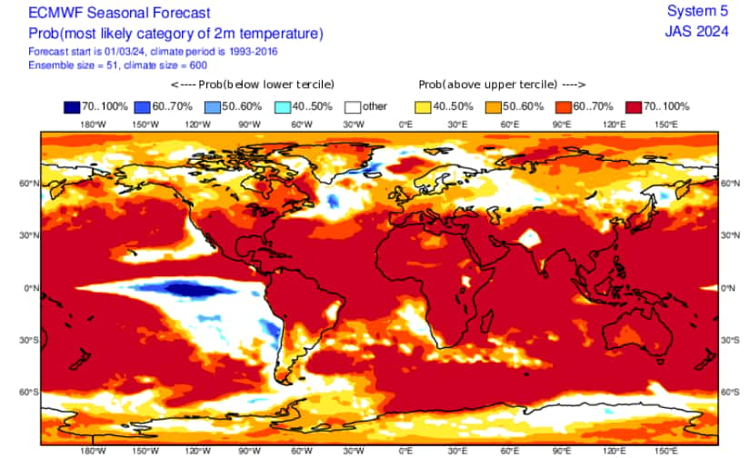 La carte mondiale des anomalies de températures prévues en juillet, août, septembre 2024. © Copernicus