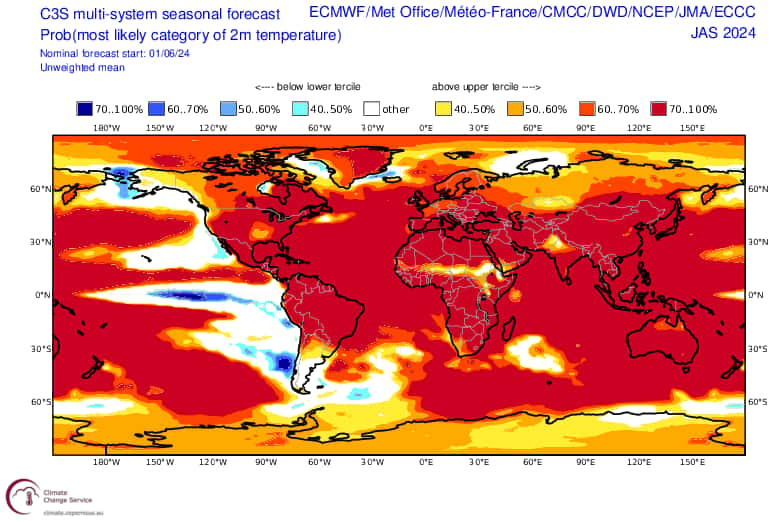 L'écart des températures à la moyenne prévue dans le monde pour les trois prochains mois. © Copernicus
