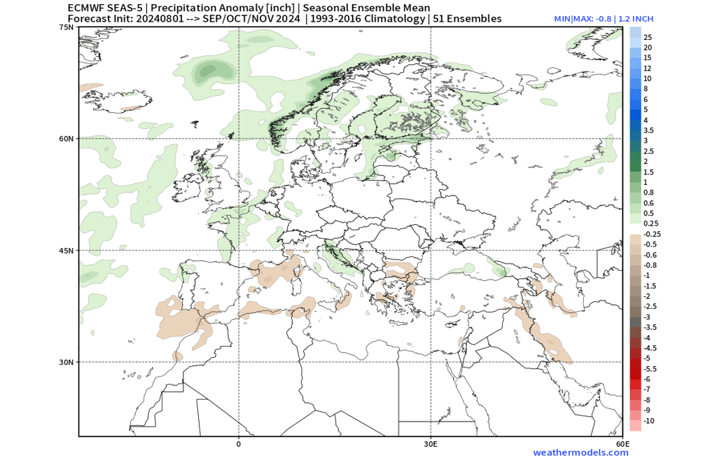 La tendance des précipitations pour septembre, octobre, novembre : en vert, plus humide que la moyenne. © ECMWF, capture d'écran Severe Weather Europe