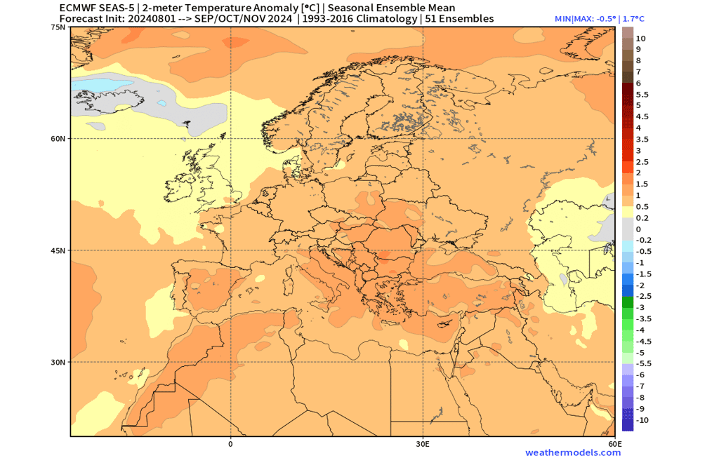 La tendance des températures pour septembre, octobre, novembre : en jaune et orange, plus chaud que la moyenne. © ECMWF, capture d'écran Severe Weather Europe