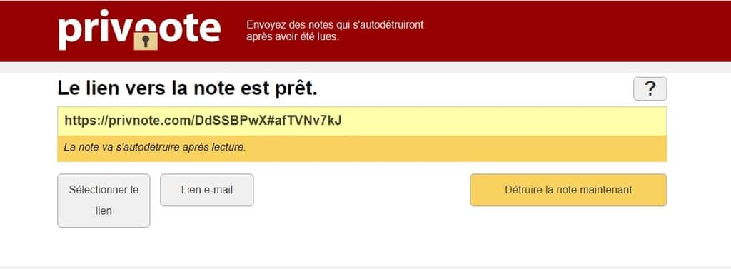 Privnote.com a créé un lien vers la note que vous avez créée. © privnote.com