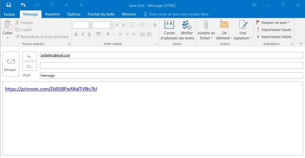 Le lien en question peut à présent être envoyé par email. © privnote.com