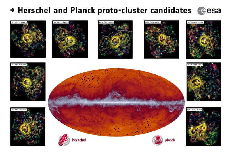 En bas au milieu, la totalité du ciel observé par Planck à 545 GHz, avec en points rouges les candidats identifiés, puis observés par Herschel. Tout autour, quelques images de Herschel, avec les contours de densité de galaxies. © Dole, Guéry, Hurier, ESA, Planck Collab., HFI consotrium, IAS, CNES, univ. Paris-Sud, CNRS