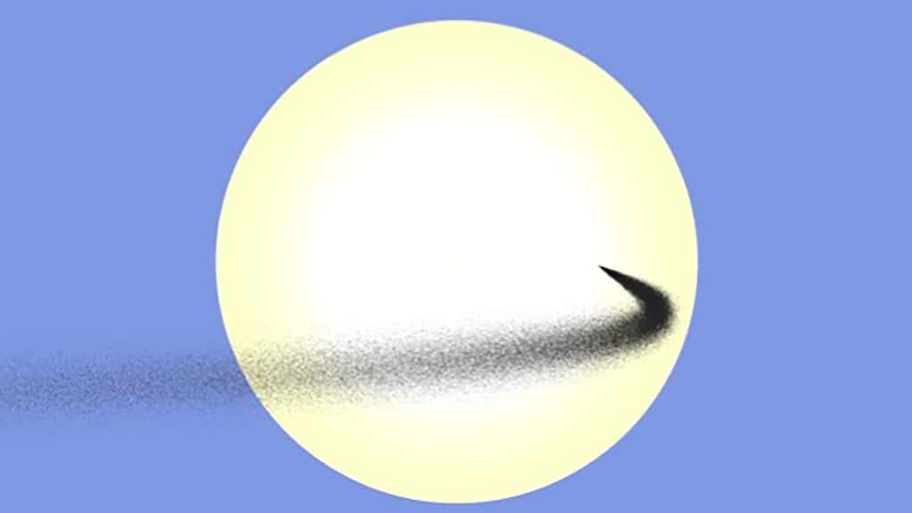 Flux de poussière simulé lancé entre la Terre et le Soleil. Ce nuage de poussière est représenté alors qu'il traverse le disque solaire, vu de la Terre. Des flux comme celui-ci, y compris ceux lancés depuis la surface de la lune, peuvent agir comme un pare-soleil temporaire. © Ben Bromley, <em>University of Utah</em>