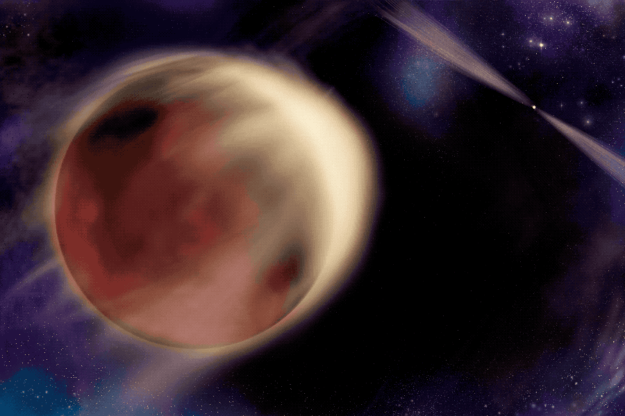 Une étoile peu massive en orbite autour d'un reste stellaire super dense en rotation rapide appelé pulsar sont montrés dans cette illustration. Le pulsar émet des faisceaux de lumière à plusieurs longueurs d'onde qui tournent dans et hors de vue et qui chauffent le côté opposé à l'étoile, soufflant de la matière et érodant son partenaire. © Nasa, <em>Sonoma State University</em>, Aurore Simonnet
