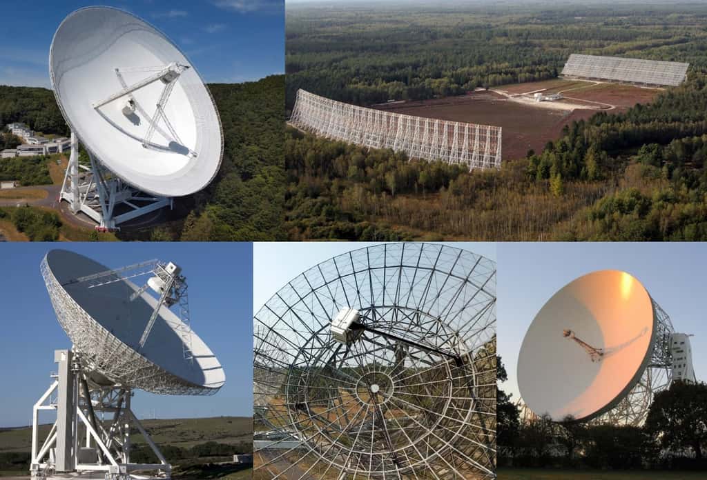 Les cinq principaux radiotélescopes européens. En haut de gauche à droite : radiotélescope d’Effelsberg (Allemagne) et radiotélescope de Nancay (France), et en bas, de gauche à droite : radiotélescope de Sardaigne (Italie), radiotélescope de synthèse de Westerbork (Pays-Bas) et télescope Lovell, Royaume-Uni. <i>© Norbert Tacken/MPIfR (Effelsberg), Letourneur/Observatoire de Paris – PSL (Nançay), Anthony Holloway (Jodrell Bank), ASTRON (WSRT), Gianni Alvito/INAF (SRT)</i>