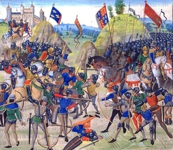 Les troupes anglaises et françaises à la bataille de Crécy, qui a eu lieu pendant la guerre de Cent Ans, la plus longue des guerres du Moyen Âge. © Wikimedia Commons, DP