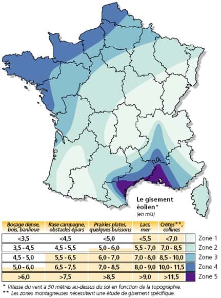 Carte du potentiel éolien terrestre en France métropolitaine. Plus les zones tendent vers le violet, plus le potentiel est important. © Ademe