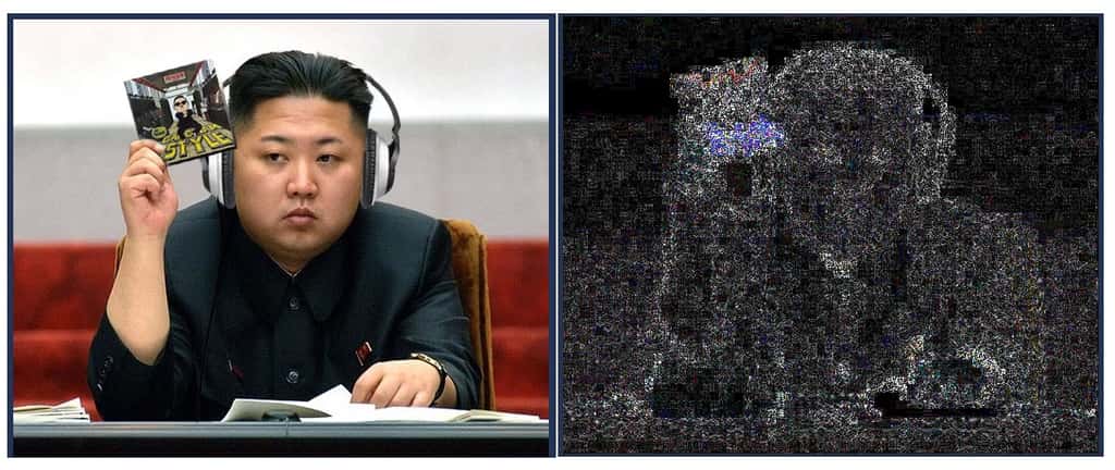 L’outil ELA (<em>Error Level Analysis</em>) indique le niveau de compression d’une image : plus cette image est copiée, plus celui-ci augmente. Des différences importantes, comme ici la fausse carte brandie par Kim Jong Un, peuvent signaler que des éléments ont été ajoutés ou enlevés. © capture écran FotoForensics