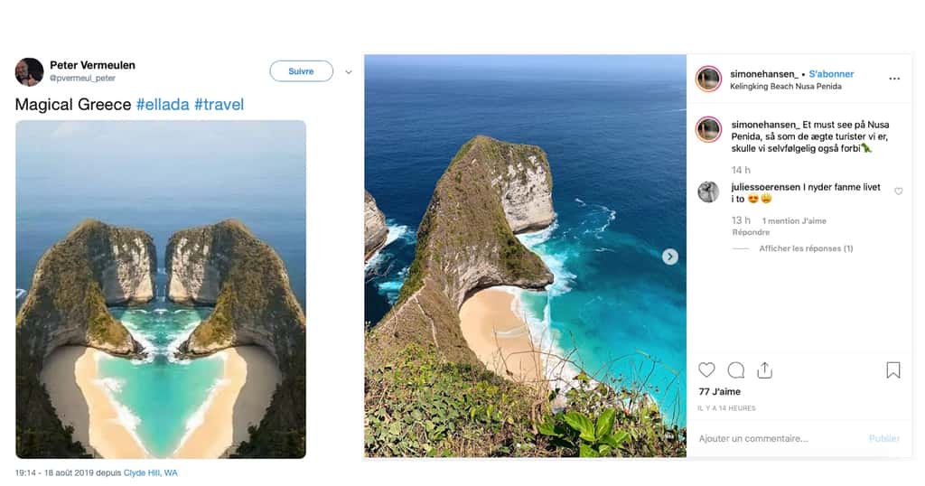 Cette <a href="https://twitter.com/pvermeul_peter/status/1163137050834419712" target="_blank">plage de rêve</a> en forme de cœur soi-disant située en Grèce est ainsi un photomontage réalisé à partir de la plage de Kelingking, située sur l'île indonésienne de Nusa Penida. La photo a été simplement dupliquée et retournée en miroir pour donner la fausse plage. © captures écran Twitter, Instagram