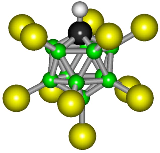 La molécule d’acide carborane H(CHB<sub>11</sub>Cl<sub>11</sub>) présente une configuration extrêmement stable, selon un arrangement icosaédrique de onze atomes de bore et un atome de carbone. © Polimerek, Wikipedia