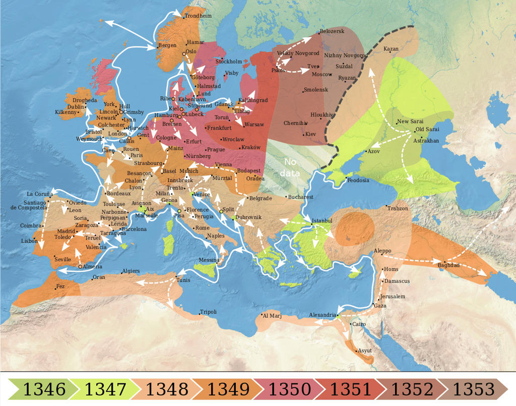 L’expansion de la pandémie de peste noire en Europe au 14e siècle. © Wikipedia