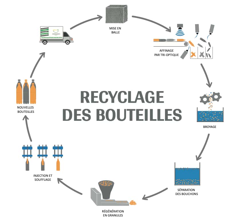 Cycle de recyclage d’une bouteille en plastique. © Lemon tri