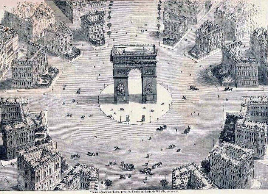 L’arc de triomphe en 1857, au cœur des grands boulevards parisiens. © Le Monde Illustré, 18 avril 1857, <em>Wikimedia Commons</em>, Domaine Public