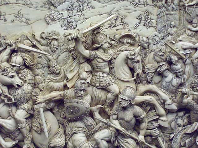 La bataille de Gaugamela, Alexandre se battant et chevauchant son cheval Bucephalus. © Luis Garcia, <em>Wikimedia commons</em>, CC 3.0