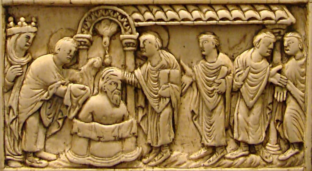 Clovis fut baptisé le 25 décembre 498 à Reims par Saint Rémi. © Pethrus, Wikimedia Commons, Domaine Public