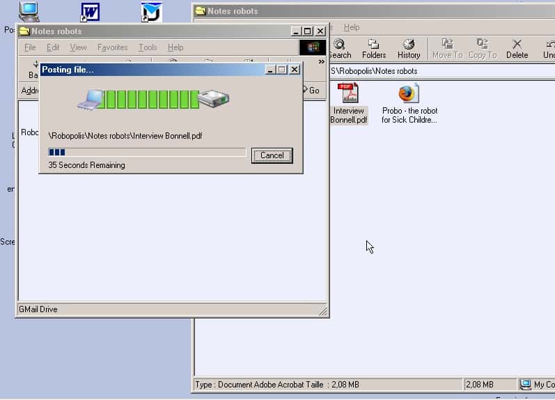 Copie d’un fichier depuis le disque dur de l’ordinateur vers le Gmail drive. Crédit : Futura-Techno