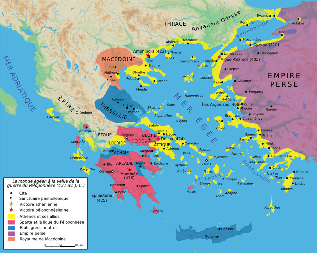 À la veille de la guerre du Péloponnèse. En jaune, Athènes et la Ligue de Délos, et en rouge, Sparte et la Ligue du Péloponnèse. © Graphique Marsyas, <em>Wikimedia Commons</em> by-sa 3.0