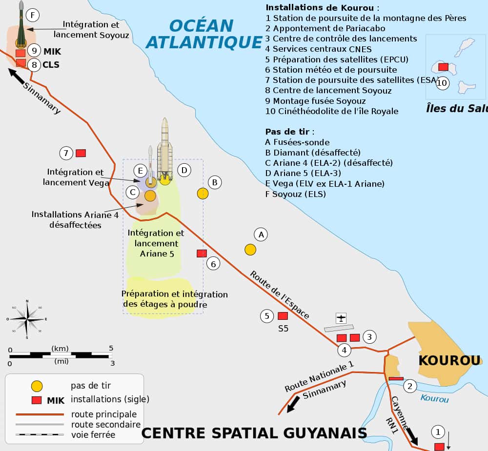 Carte des installations du Centre spatial guyanais (CSG) de Kourou, Guyane Française. © Pline, <em>Wikimedia commons,</em> CC by-sa 3.0