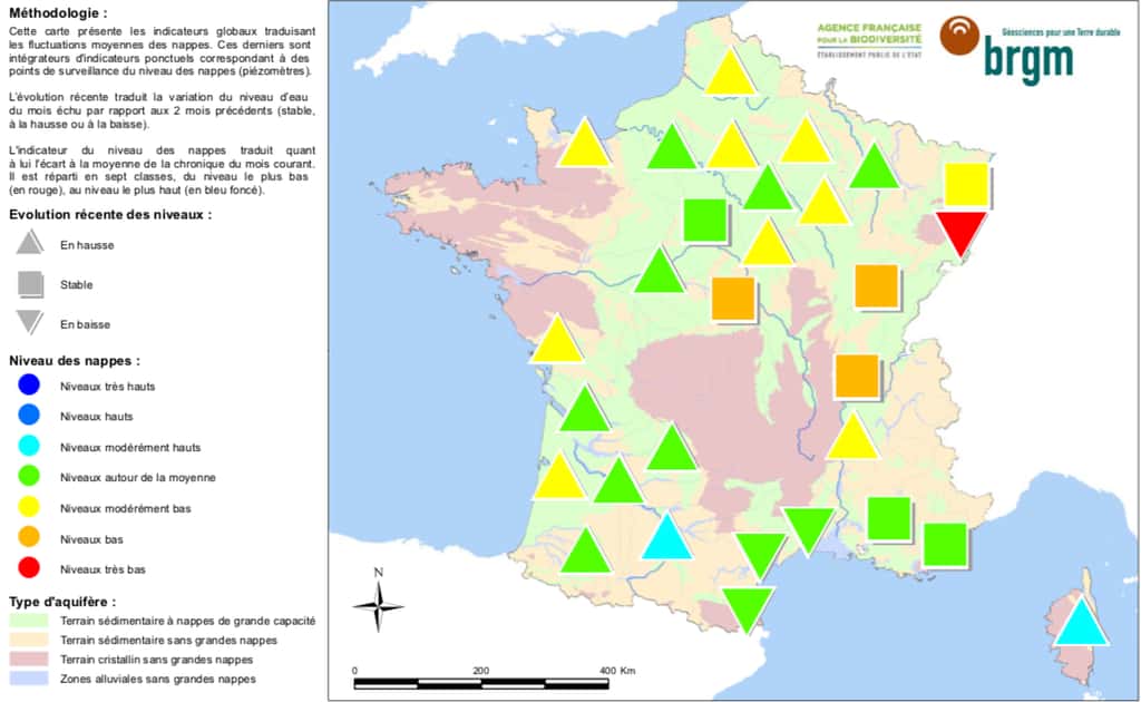 En mars 2019, 50 % des nappes phréatiques françaises affichaient un niveau modérément bas à très bas. Une situation peu satisfaisante avec une recharge hivernale déjà bien entamée, mais encore peu active. © BRGM