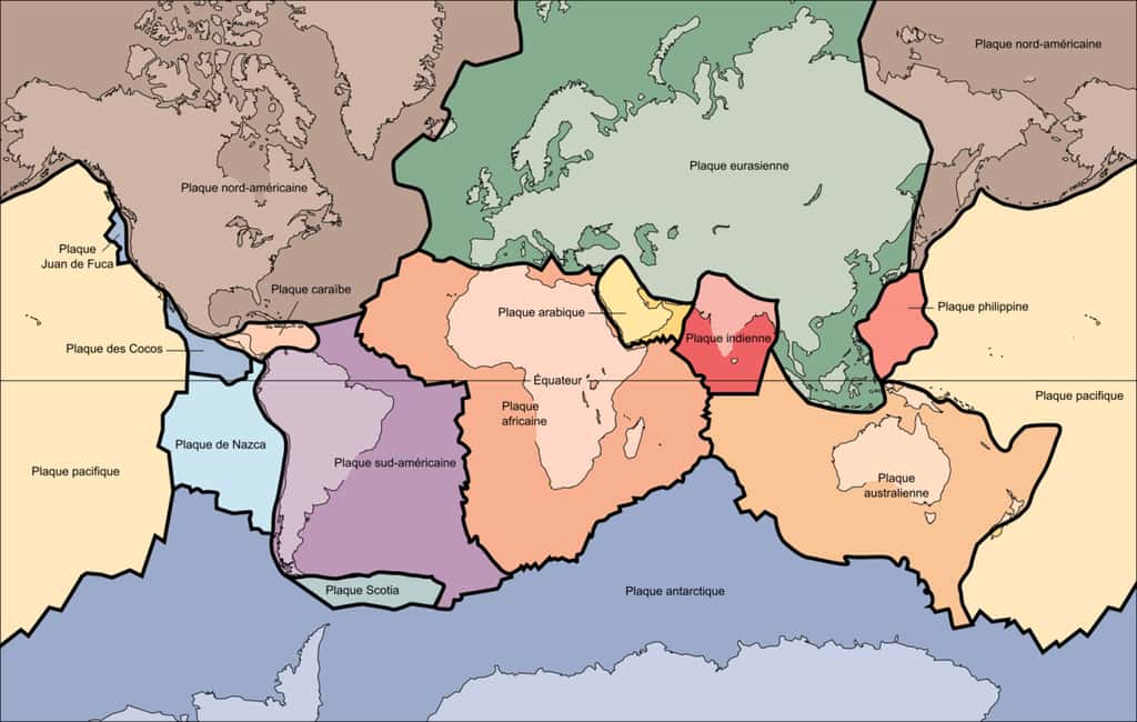 Schéma des différentes plaques tectoniques terrestres. © Wikipedia, Public domain