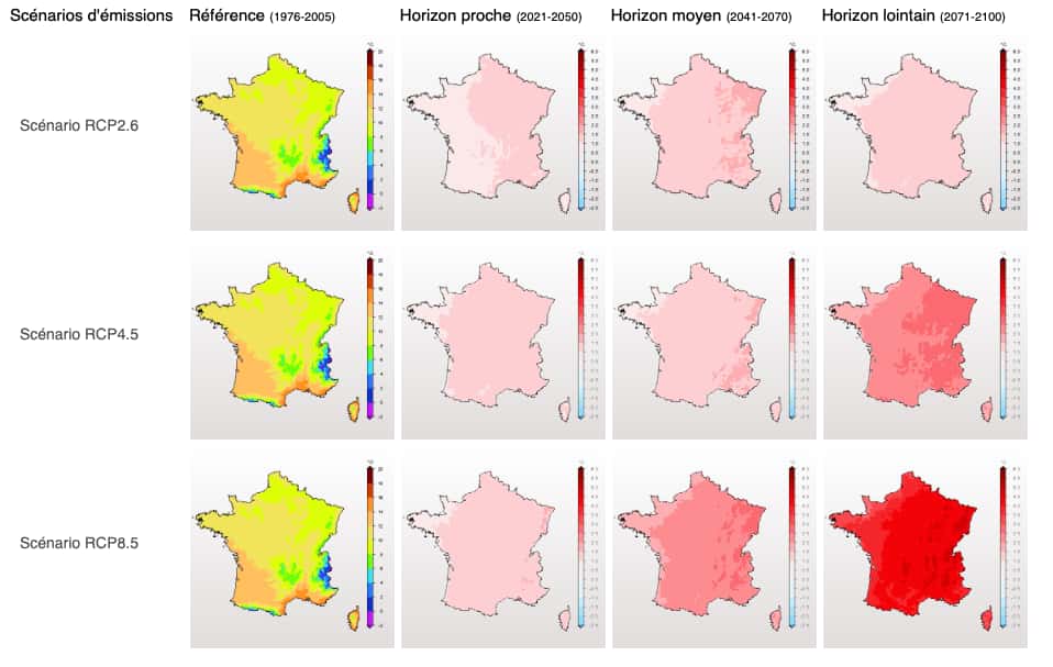 Les modèles développés à l’échelle régionale mettent en évidence les évolutions différentes de température sur le territoire de la France métropolitaine. Notez que le scénario RCP2.6 correspond à celui qui prend en compte les effets de politique de réduction des émissions de gaz à effet de serre susceptibles de limiter le réchauffement planétaire à 2 °C. Le scénario RCP8.5 est le plus pessimiste. Le scénario RCP4.5 correspond à un scénario intermédiaire. Quel que soit le scénario, l’Alsace, par exemple, devrait se réchauffer plus que la moyenne à moyen terme. © Météo France
