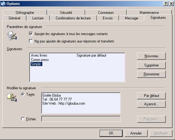 <br/>Signature simple entrée directement depuis Outlook Express.