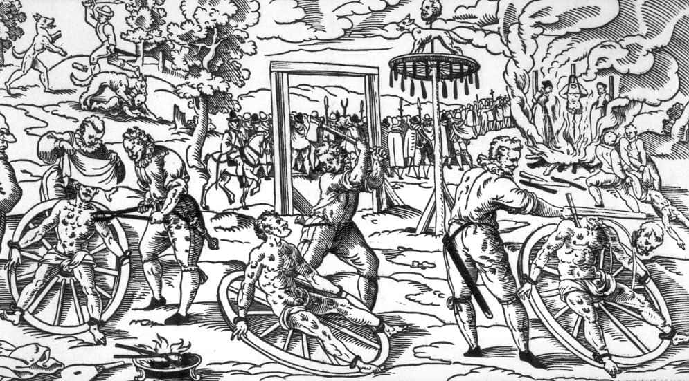 Cette illustration montre l'exécution, en 1589, de Peter Stuube, accusé d'être un loup-garou et les différentes formes de torture qu'il a subies et notamment, la roue telle qu'elle était utilisée en Allemagne au Moyen Âge. <em>Staats-Stadtbibliothek</em>, Augsburg. © <em>Wikimedia Commons</em>, domaine public