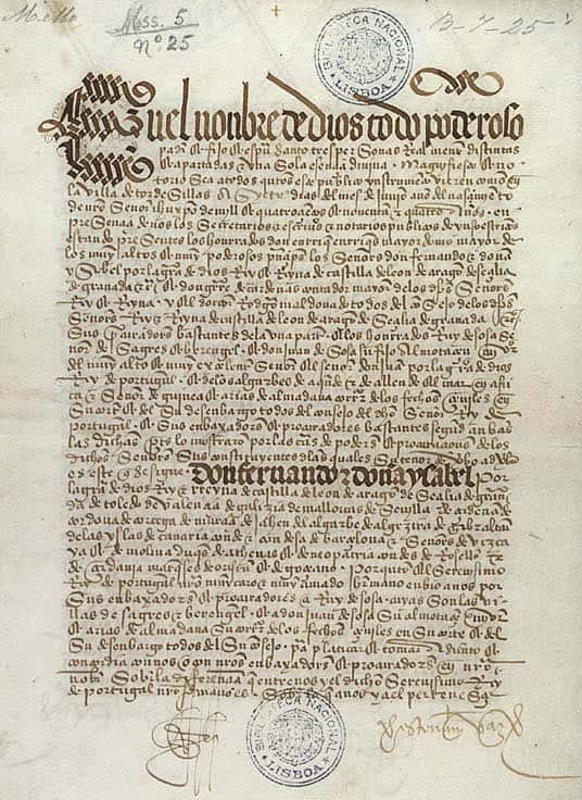 Le traité de Tordesillas. Bibliothèque nationale de Lisbonne, <em>Wikimedia Commons</em>, domaine public