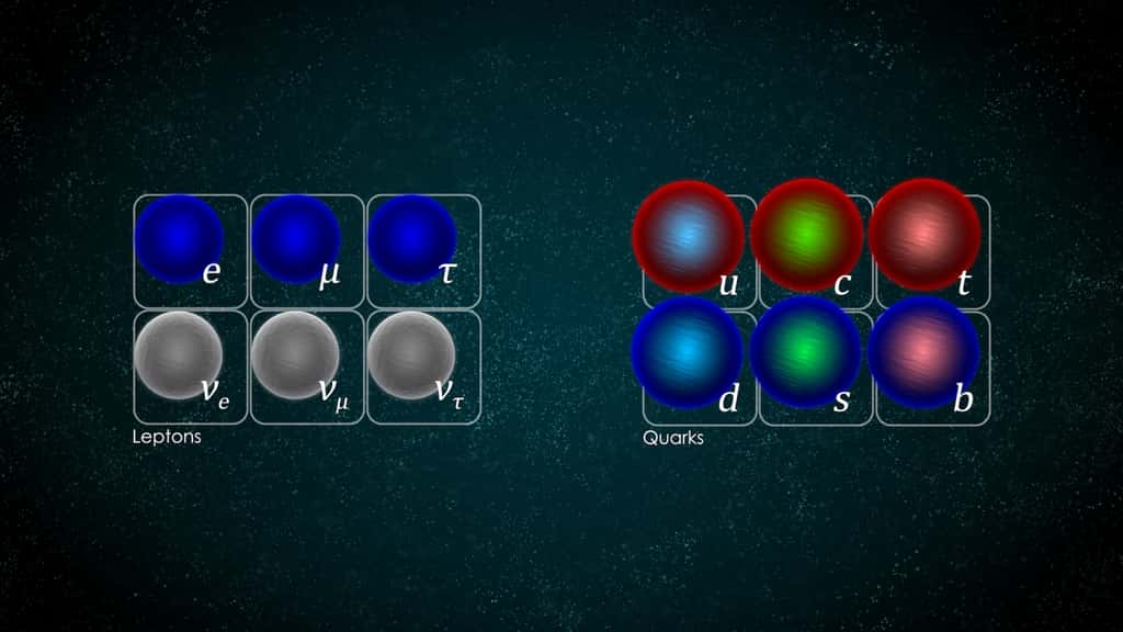 La théorie standard de la physique des particules sépare les particules élémentaires constituant la matière en deux familles : les leptons et les quarks. Chaque famille compte six particules, regroupées par paires ou « générations ». Les particules les plus stables, qui sont les plus légères, constituent la première génération, alors que les plus lourdes et moins stables appartiennent à la deuxième et à la troisième génération. Les six sortes de leptons sont regroupées en trois générations – l'électron et le neutrino de l'électron, le muon et le neutrino du mu, et enfin le tau et le neutrino du tau. De même, les six sortes de quarks sont regroupées par paires dans chacune de ces générations – le quark u et le quark d forment la première génération, puis viennent le quark c et le quark s, et enfin le quark t et le quark b. © Daniel Dominguez, Cern