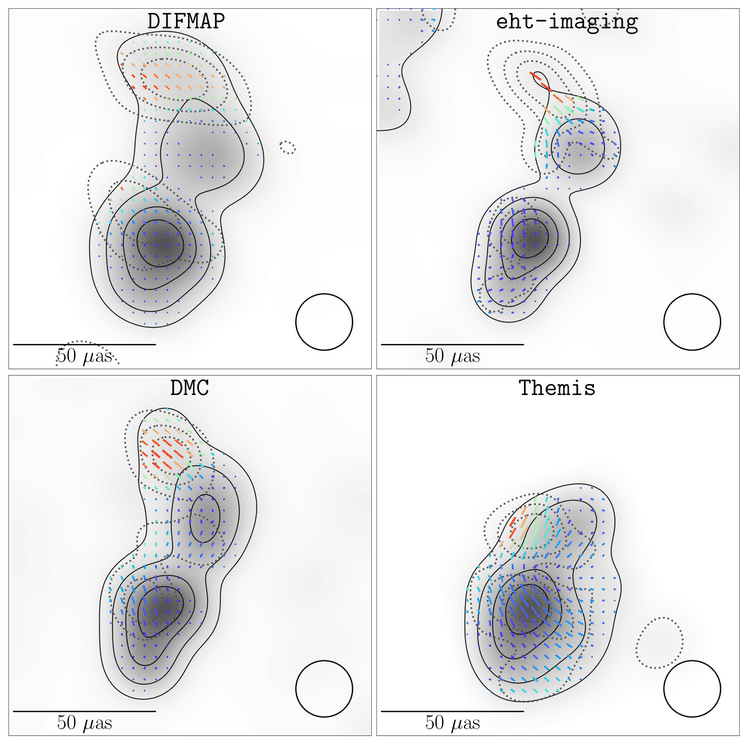 Une version plus brute des images de NRAO 530. Les contours montrent des régions d'égales intensités du rayonnement émis par le quasar et les tirets représentent la direction de la polarisation de la lumière observée, polarisation qui indique la structure d'un champ magnétique ordonné (EVPA). © EHT Collaboration