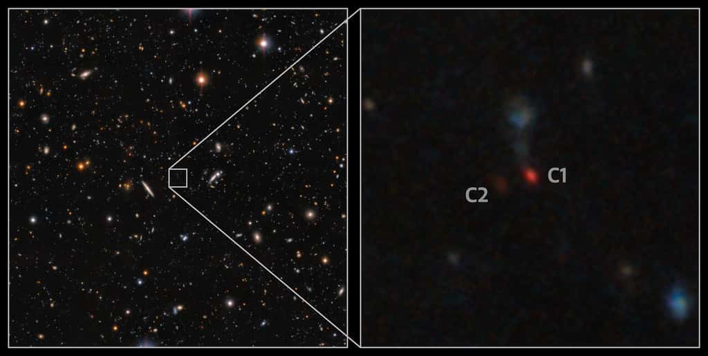 Cette image, prise avec l'<em>Hyper Suprime-Cam</em> du télescope Subaru, montre une paire de quasars en train de fusionner. Les taches rouge pâle ont attiré l'attention des astronomes et une spectroscopie de suivi avec le télescope Gemini Nord, une moitié de l'Observatoire international Gemini, qui est financé en partie par la National Science Foundation américaine et exploité par NSF NOIRLab, a confirmé que ces objets sont des quasars. La paire est visible seulement 900 millions d'années après le Big Bang. Il s'agit non seulement de la paire de quasars en fusion la plus éloignée jamais découverte, mais aussi de la première paire confirmée dans la période de l'histoire de l'Univers connue sous le nom d'Aube cosmique. © NOIRLab, NSF, AURA, T.A. Recteur (Université d'Alaska Anchorage, NSF NOIRLab), D. de Martin (NSF NOIRLab) et M. Zamani (NSF NOIRLab)