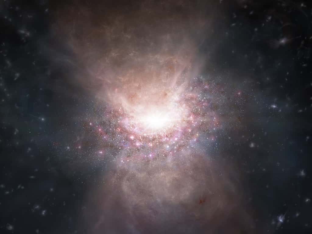 Vue d'artiste d'une éjection des nuages de gaz moléculaires d'une galaxie par son quasar, J2054-0005. © Alma (ESO/NAOJ/NRAO)