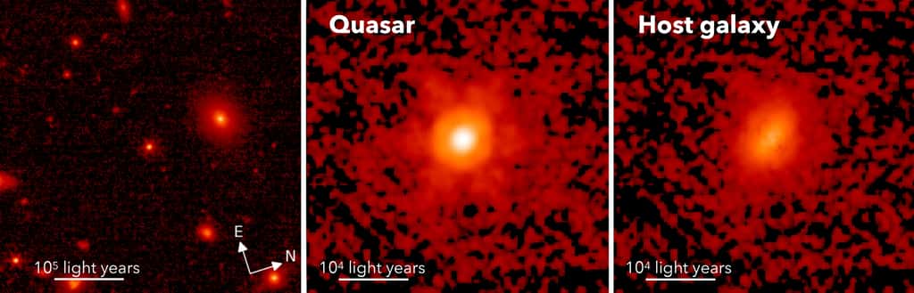 Images du JWST prises avec l'instrument NIRCam 3,6 μm de HSC J2236 + 0032. L'image de zoom arrière, l'image du quasar et l'image de la galaxie hôte après soustraction de la lumière du quasar (de gauche à droite). L'échelle de l'image en années-lumière est indiquée dans chaque panneau. © Ding, Onoue, Silverman et al.