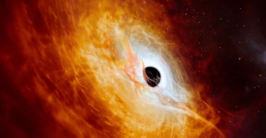 Cette vue d'artiste montre le quasar J059-4351, le noyau lumineux d'une galaxie lointaine alimenté par un trou noir supermassif. Grâce au <em>Very Large Telescope</em> (VLT) de l'ESO au Chili, ce quasar s'est révélé être l'objet le plus lumineux connu à ce jour dans l’Univers. Le trou noir supermassif, que l'on voit ici aspirer la matière qui l'entoure, a une masse 17 milliards de fois supérieure à celle du Soleil et elle augmente de l'équivalent d'un autre Soleil par jour, ce qui en fait le trou noir dont la croissance est la plus rapide jamais connue. © ESO, M. Kornmesser