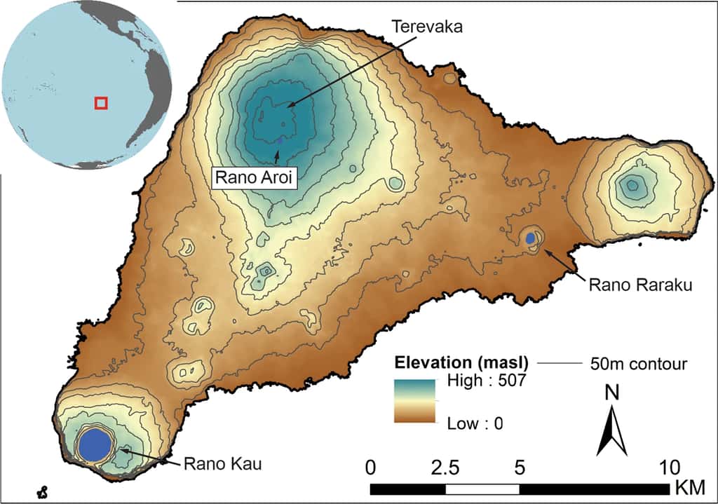 Les sédiments de plusieurs zones de l'île de Pâques ont été échantillonnés afin de déterminer les variations de taille de la population au cours du temps. © DiNapoli et al, 2021
