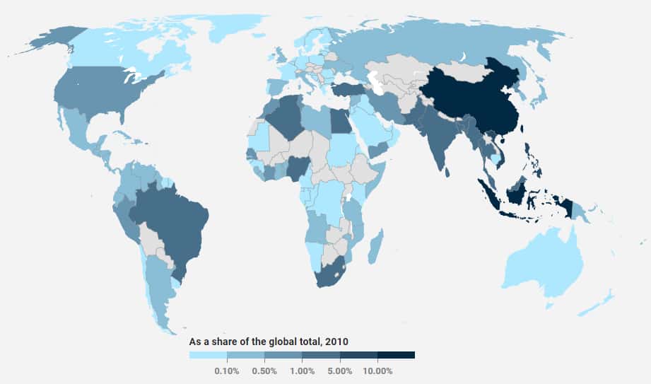 En bleu foncé, les pays qui produisent le plus de plastique. © ONU