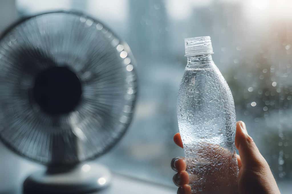 Après l'astuce du linge humide face au ventilateur, celle de la bouteille d'eau glacée ! © TrubiAnna, Adobe Stock