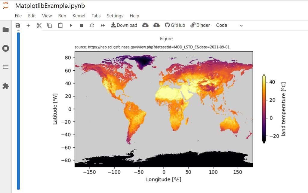 Représentation des températures à la surface du sol de la Terre à partir de données de la NASA. © binder.org