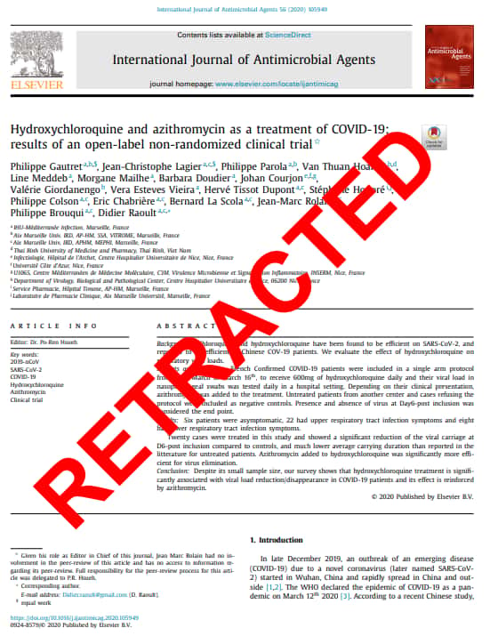 <a href="https://sfpt-fr.org/vie-de-la-sfpt/communiques-sfpt/2097-retractation-de-letude-gautret-et-coll-hydroxychloroquine-azithromycine" target="_blank">La première publication de l’IHU Méditerranée Infection ayant contribué à la promotion massive de l’hydroxychloroquine comme traitement contre la Covid-19, vient d’être rétractée, après des années de controverses, pour des considérations de méconduites scientifique et éthiques</a>. © Société Française de Pharmacologie et de Thérapeutique