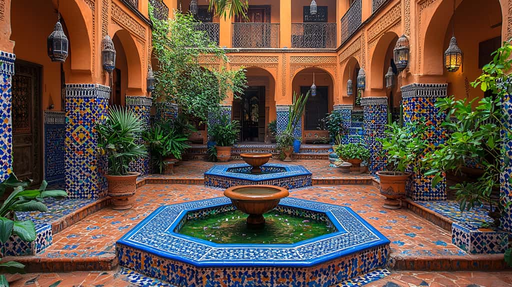 Dans les riads marocains, l’ombre, la végétation et l’eau d’une fontaine créent un îlot de fraîcheur au cœur de la maison. © shikatso, Adobe Stock
