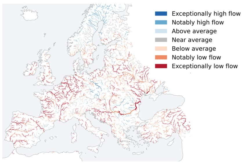 En rouge, toutes les rivières européennes présentant un débit fluvial exceptionnellement bas en août 2022. © Copernicus