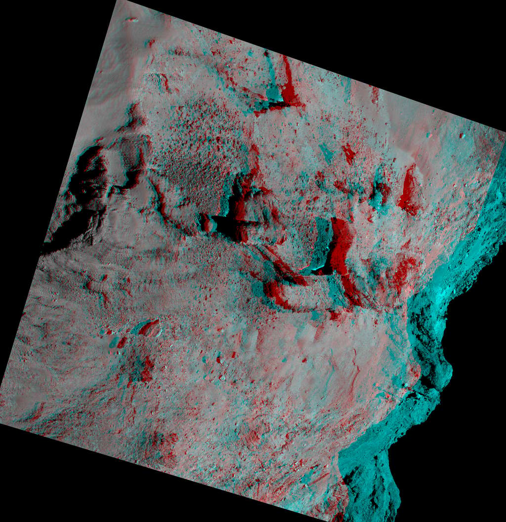 Une vue en relief de la surface de Tchouri à environ 28 kilomètres de distance. © CNES, ESA, Rosetta, MPS pour Osiris Team MPS, UPD, LAM, IAA, SSO, INTA, UPM, DASP, IDA