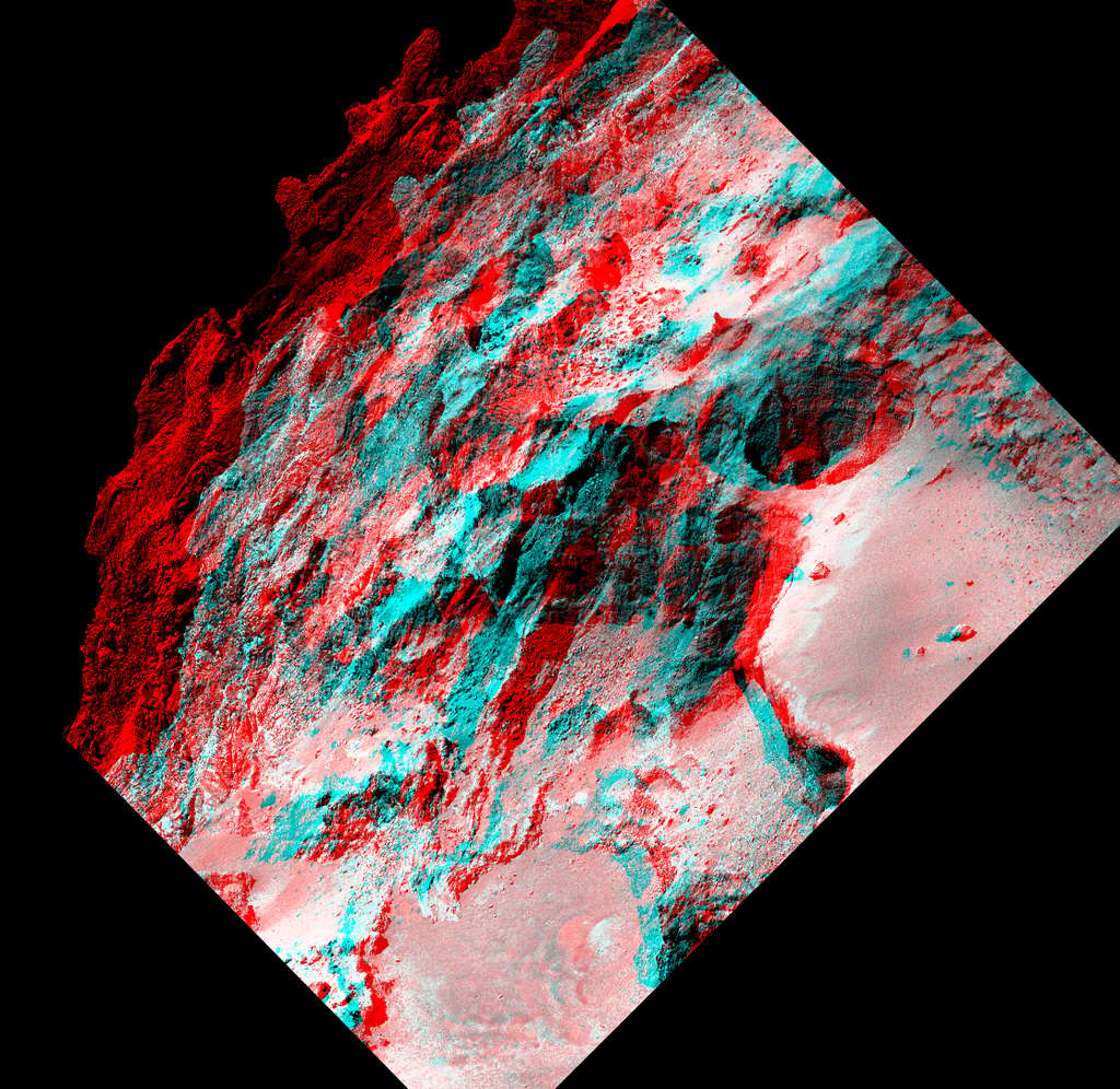 Détail de la région appelée Seth sur Tchouri, en relief. © CNES, ESA, Rosetta, MPS pour Osiris Team MPS, UPD, LAM, IAA, SSO, INTA, UPM, DASP, IDA